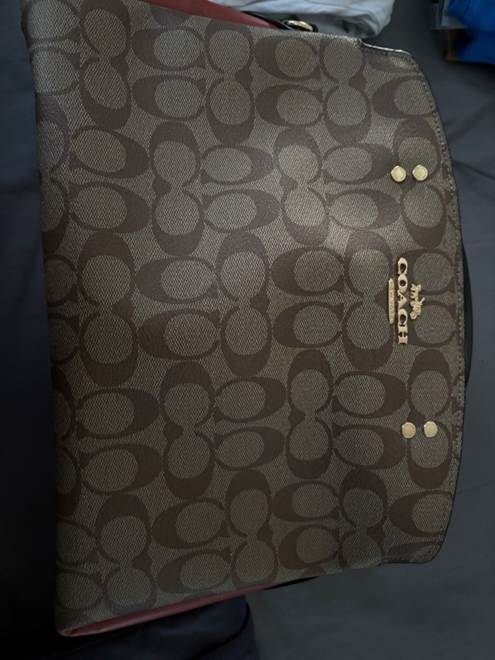 Coach Brown Signature Shoulder Bag with Red Trim